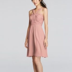 Y-Neck Ruched Bodice Crinkle Chiffon Bridesmaid Dress